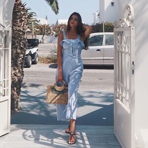 Zara blue white striped jumpsuit with ruffles size XS